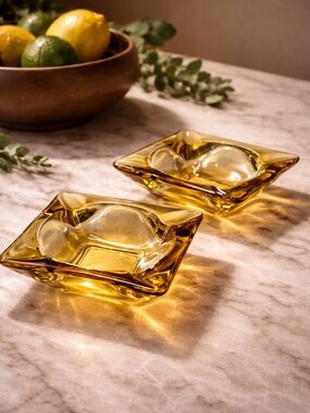 Anchor Hocking Vintage MCM Amber Glass Ashtray Set of 2 | Honey Gold | 1960s/70s